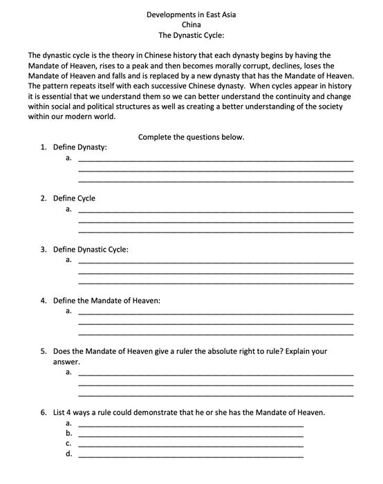 The Dynastic Cycle and the Mandate of Heaven Worksheet (with Answer Sheet)